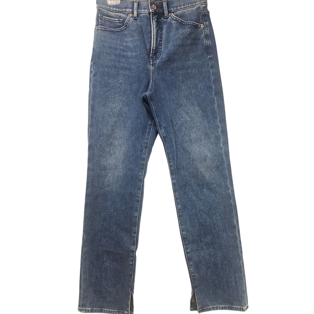 Express Womens High Rise Straight Leg Jeans Medium Wash Split Hem Blue Denim 4
